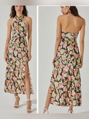 ASTR The Label Marissa Floral Print Halter Midi Dress Satin Flowy size XL